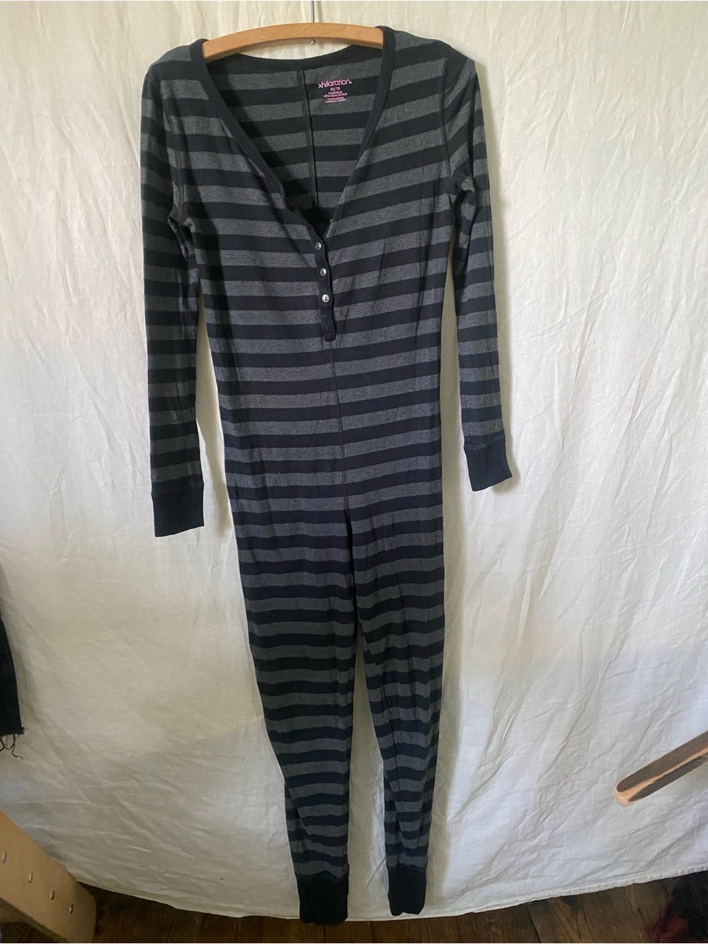 Xhilaration Black & Gray Striped Button-Down Henley One-Piece Pajama - Small